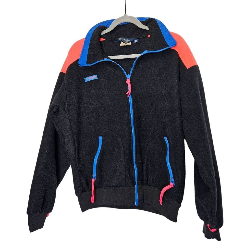 Vintage Columbia Mens Fleece Jacket  M Black Colorblock‎ Neon 80s 90s Full Zip